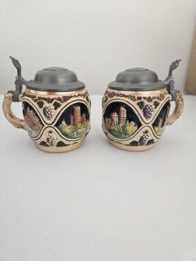 VTG Set of Two German Rhein River Stoneware Pewter Lid Steins | SZ 4"